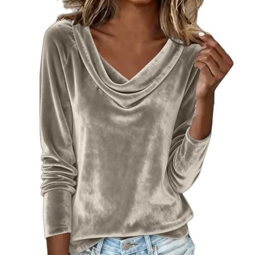 Image of Velvet Tops for Women Elegant Cowl Neck Pleated Blouse Dressy Casual Going Out Puff Long Sleeve Tops Autumn Clothes (Z06-Grey, XXL)