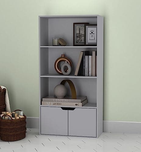 Image of URBNLIVING 4 Tier Wide Wooden Bookcase Cupboard with 2 Doors Storage Shelving Display Shelf Cabinet Unit (Grey with Grey Doors)