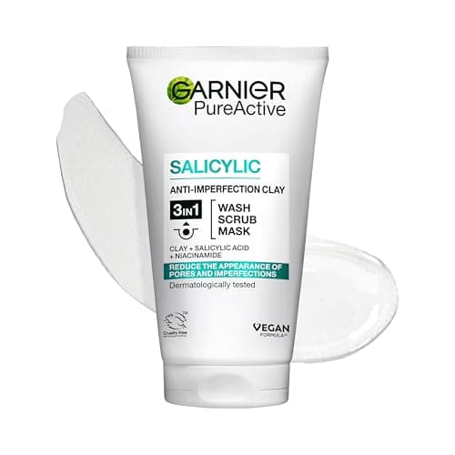 Image of Garnier Pure Active 3in1 Clay Mask-Wash-Scrub 150ml, With Clay, Salicylic Acid, and Niacinamide, Face Cleanser For Oily Skin Prone to Blemishes, Eliminate Impurities & Reduce Pores
