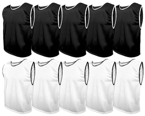 Image of SPORTSBIBS Training Bibs Pack of 10 Football Vests Sports Practice Pinnies Soccer Rugby (5x Black + 5x White, S (128-154) Juniors 8-11 Years Old)