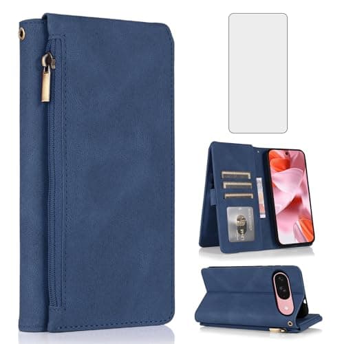 Image of Asuwish Compatible with Google Pixel 9/9 Pro/10/10 Pro 5G Wallet Case Screen Protector and Zipper Retro Leather Flip Cover Card Holder Stand for Pixel9 9Pro/Pixel10 10Pro Nine Ten Women Men Blue