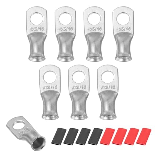 Image of sourcing map 8pcs 4 AWG M8 Battery Lugs Ring Terminals, 5/16" 8mm Stud Crimp Wire Terminal Connector End Copper, 2:1 Heat Shrink Tubing, Silver