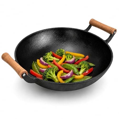 Image of Silk Route Home Non-Stick Cast Iron Wok 32cm - Heavy Duty Pre-Seasoned Stir Fry Pan with Heat Resistant Beechwood Handles for Asian Cooking, Noodles, Curries & Deep Frying