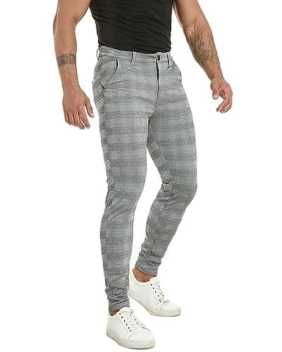 Image of KCANAAPPAREL Mens Chinos Trousers Slim Fit Stretch Flat-Front Tapered Skinny Dress Grey Plaid Pants for Golf (32W x 30L)