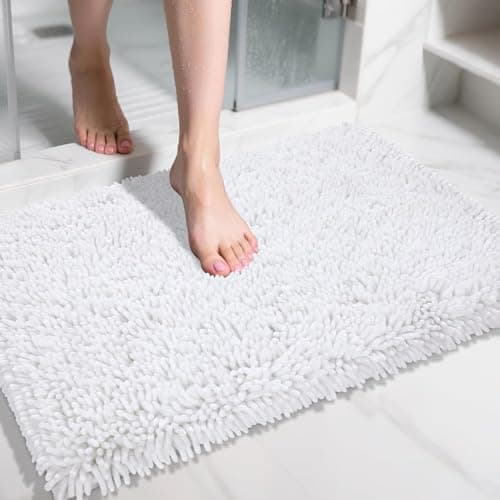 Image of Yimobra Luxury Chenille Bath Mat, Extra Soft and Absorbent Shaggy Bathroom mats Non Slip, Machine Washble Dry, Plush Floor Carpet for Tub, Shower, and Bath Room, White, 51 x 81 cm