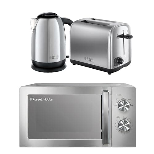 Image of Russell Hobbs Classics Polished Stainless Steel Kitchen Set, 1.7L 3000W Kettle, 2 Slice Toaster with Variable Browning Levels & 20L 800W Microwave with 5 Power Levels, CLCSBNDL2SS