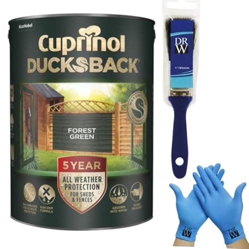 Image of DRW Cuprinol Ducksback Forest Green Fence Paint 5L | 5‑Year Weatherproof Shed & + Free 4 Inch Fence Paint Brush & Nitrile Gloves – Wax‑Enriched, Non‑Drip, Quick‑Drying & Low‑Odour