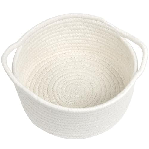 Image of Small Woven Basket with Handle, Small Cute White Storage Baskets for Organizing, Tiny Decorative Round Cotton Rope Woven Closet Storage Bin, Baby Boho Empty Gift Basket for Nursery