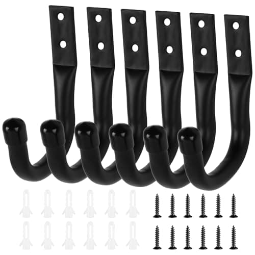 Image of Jiujuda9 6 Pcs Heavy Duty Garage Wall Hooks - J Utility Ladder Hooks for Garden Tools, Bikes, Chairs, Garden Hose, Van & Shed Storage (Black)