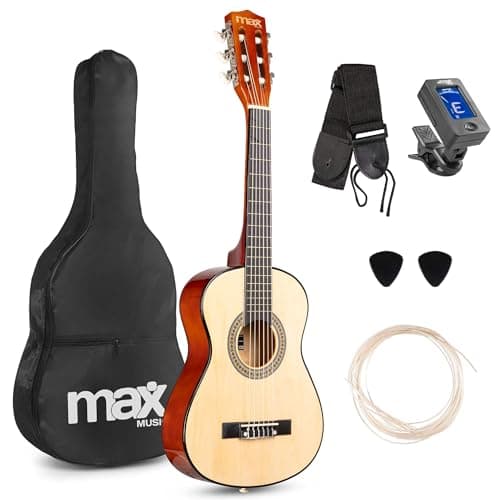Image of MAX SoloArt Junior 1/4 Beginner Acoustic Guitar Starter Kit, Natural Childrens Wooden Kids Instrument, Ideal Starter Set for Ages 4-8
