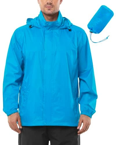Image of Outdoor Ventures Mens Lightweight Waterproof Jackets, Packable Rain Jacket Breathable Windproof Raincoat Adjustable Hiking Outdoor Jacket Deep Sky Blue L
