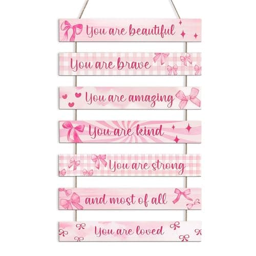 Image of NymphFable 8Pcs Pink Bow Encouraging Wall Art, Motivational Quote Wooden Hanging Sign for Girls Bedroom Nursery Dorm Decor