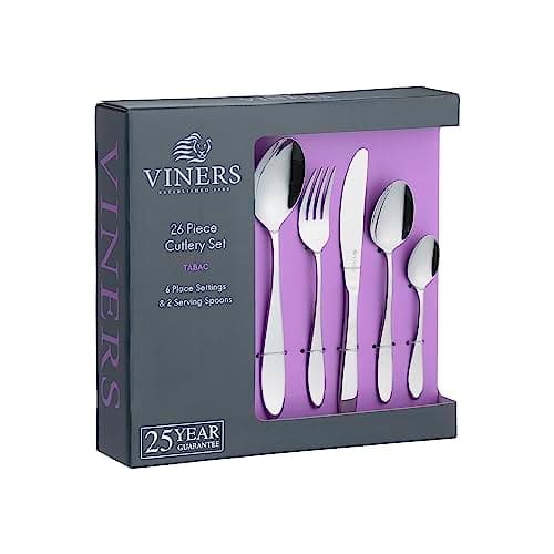 Image of Viners Tabac Cutlery Set |18/0 Stainless Steel | Set of 26 Pieces | Silver Mirror Finish | Serves 6 | Dishwasher Safe | Gift Box