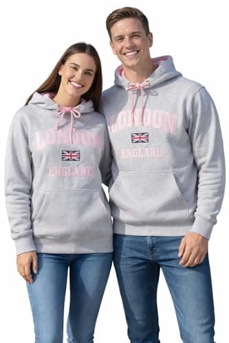 Image of GWCC Unisex London England Appliqué Hoodie – Grey Melange & Baby Pink Hooded Sweatshirt, Cotton Blend, XS–2XL, UK Fashion Souvenir Jumper (L)