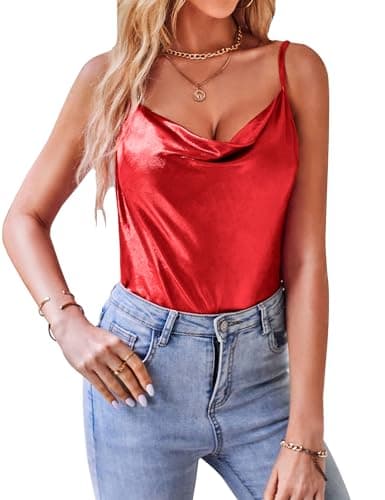 Image of VIDUSSA Sparkly Tops for Women Cowl Neck Glitter Vest Top Spaghetti Strap Cami Tank Shirt Blouse Red M