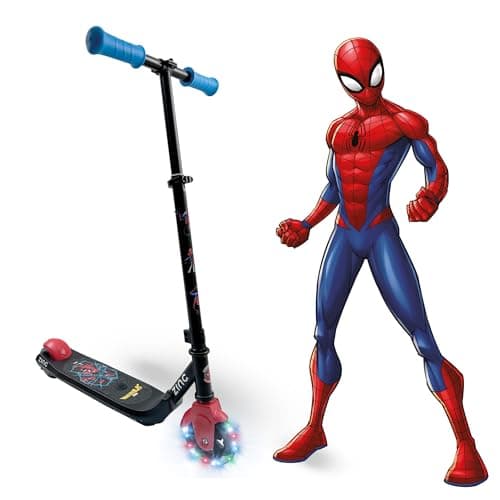 Image of Zinc Marvel Spiderman Officially Licensed Electric Scooter Kids Ages 6+ - Light Up Wheels, Escooter with 4.9mph Speed, 60W Motor & 40min Ride Time - Red & Blue Electric Kick Scooter