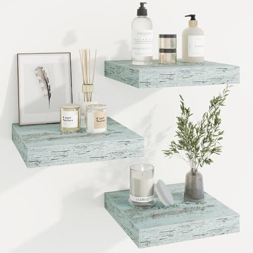 Image of Square Floating Shelves for Wall, 12"W x 12"D x 1.25"H, 3 Packs Small Wall Mounted Engineered Wood Shelves with Invisible Brackets for Living Room, Bedroom, Bathroom, Kitchen Decor, Washed blue