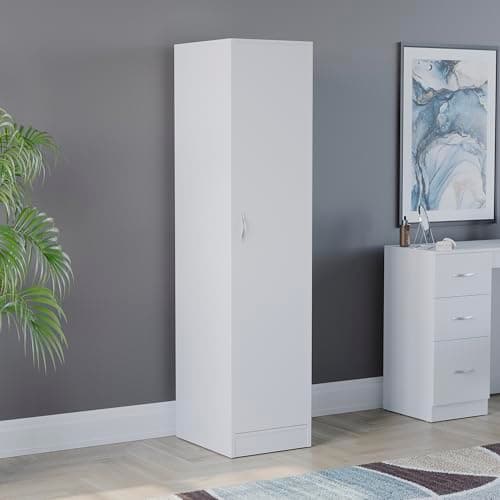 Image of Vida Designs Riano 1 Door Wardrobe | White | Bedroom Furniture | 170H x 40W x 53D cm | with Shelf & Hanging Rail | Large Capacity Storage