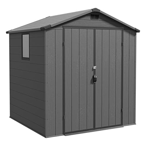 Image of Triumphkey 6x6ft Outdoor Storage Shed, Plastic Garden Shed with Lockable Door, Weatherproof for Bike, Tools & Garbage Bin Storage for Lawn, Patio & Backyard, Dark Gray