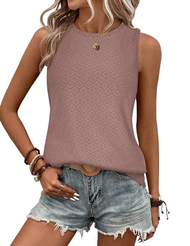 Image of Zeagoo Vest Tops for Women Summer Tops Ladies Sleeveless Casual Eyelet Embroidery Crew Neck Tank Pink L