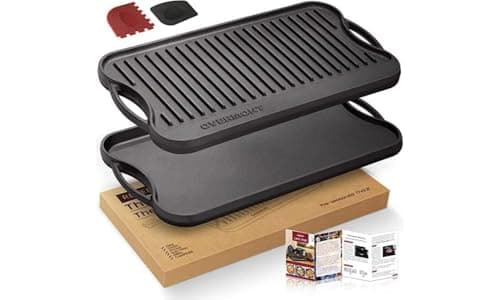 Image of OVERMONT Pre-Seasoned Cast Iron Reversible Griddle Grill Pan with Handles for Gas Stovetop Open Fire Oven, 43.18 * 24.89CM (17x9.8) - One Tray, Scrapers Included