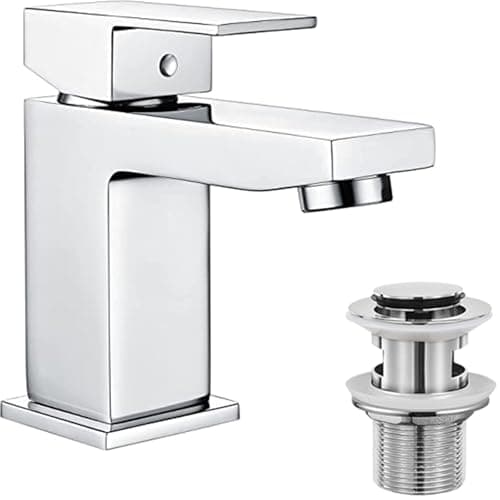 Image of Hapilife Basin Taps Square with Pop up Waste Bathroom Sink Mixer Taps with UK Standard Hoses, Single Lever Hot and Cold Basin Mixer Tap for Bathrooms