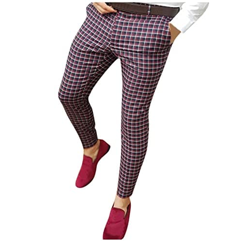 Image of Sailing Clothing Men's Trousers Casual Plaid Slim Pencil Trousers for Men Zip Elastic Waist Trousers Jeans Trousers, Wine Red, M