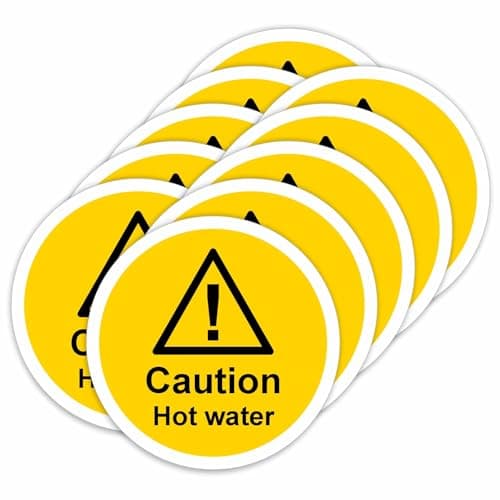Image of Caution Hot Water Self-Adhesive Vinyl Signs Stickers by Viro Display – 80 x 80mm – 10 Pack – Waterproof & UV Resistant for Kitchens & Bathrooms