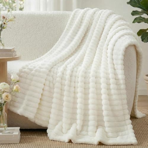 Image of WAVVE Fleece Throw Blanket - Single Fluffy Cream Striped Fleece Blanket for Bed, Sofa, Small Fuzzy Warm Decorative Throw for Women Girls, White, 130x150 cm