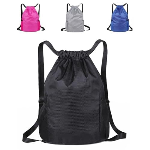 Image of SUJIBHI Drawstring Bags Unisex Waterproof Sports Bag Swim PE Bags Drawstring Gym Bag for School Sports Swimming Gym Travel Beach (Black)