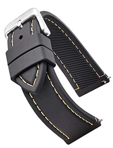 Image of STUNNING SELECTION Soft and smooth sporty stitched silicone waterproof watch band with quick release - Soft rubber black watch strap 22mm - yellow stitching
