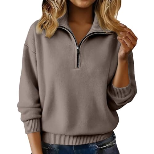 Image of Jumpers for Women UK Quarter Zip Winter Jumper Oversized Warm Long Sleeve Pullover Sweaters Solid Color Casual Soft Jumper Khaki