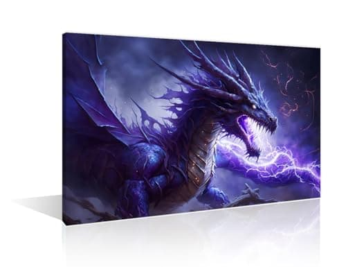 Image of Purple Dragon Paintings Wall Art 1 Panels Purple Dragon with Lightning in the Clouds Paintings for Wall Decorations Dragon Wall Prints Giclee Print Gallery Packaging Artwork Ready to Hang 16"Wx24"H