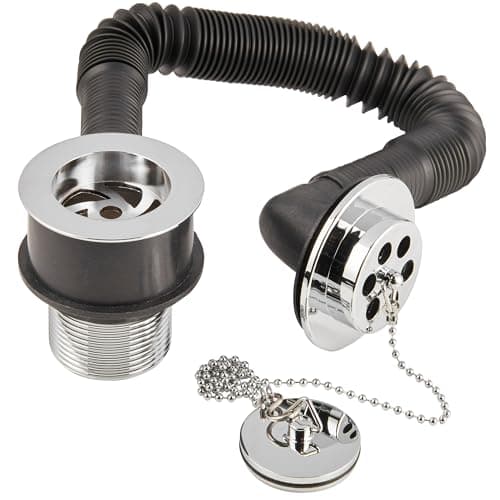 Image of Deva DW404/017 Replacement Bath Combined Waste & Overflow Kit with Brass Slotted Plug & Chain In a Chrome Finish Silver Seal Trap Pipe Bathtub Bathroom Set
