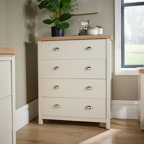 Image of Home Source Wide Chest of Drawers Clothing Storage Unit, 4 Drawers, Cream, Sonoma Oak Effect