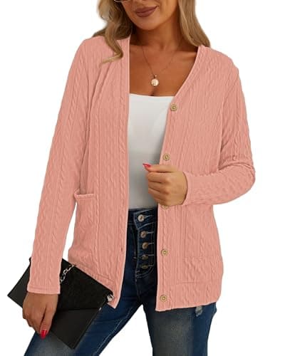 Image of GRECERELLE Womens Cardigan Long Sleeve Cable Cardigans Button Down V Neck Ribbed Knit Outerwear Tops with Pocket for Ladies (Coral Pink, XXL)