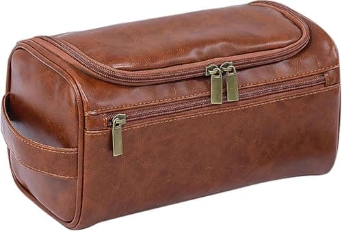 Image of PU Leather Toiletry Bag for Men, Dark Brown Wash Bag for Travel, Gym & Shaving, Dry & Wet Separation with 3 Compartments - Perfect Men's Washbag (Brown)