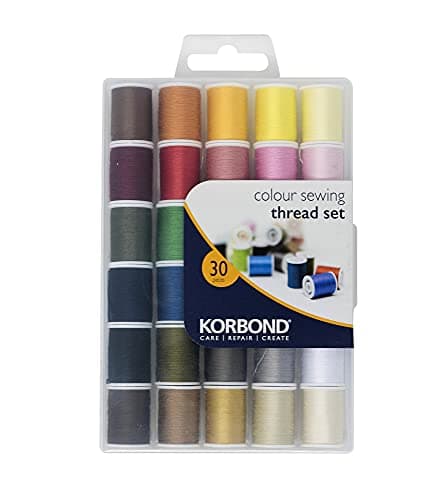 Image of Korbond All Purpose Thread Set - 1350m Polyester Sewing Thread - 30 Colours x 45m - Hand and Machine Sewing and Crafting - Includes Black and White Thread for Machine and Hand