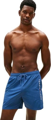 Image of Tommy Hilfiger Men's Medium Drawstring Zip Pocket UM0UM03748 Swim Trunk, Blue (Aegean Sea), L