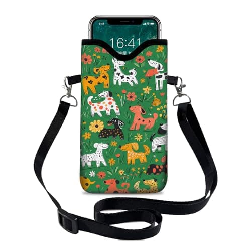 Image of otilil Neoprene Cell Phone Sleeve Pouch Case Bag with Crossbody Strap/Neck Lanyard for Women 7.1 X 3.9 in Green Dog
