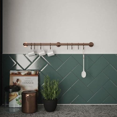 Image of Forgeworks Easy-Fit Kitchen Utensil Rail Kit 60cm with 8 Sliding S Hooks in Antique Brass - Wall Mount Hanging Storage for Cooking Utensils