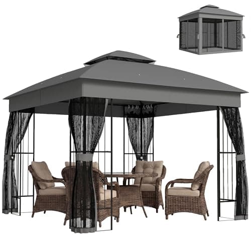 Image of Outsunny 3 x 3 m Outdoor Garden Gazebo with Post Shelves, UPF50+ Double Roof Patio Gazebo Permanent Pavilion Canopy Shelter with Mosquito Netting, Metal Frame, Grey