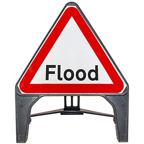 Image of Flood 750mm Triangle Road Sign 554 - Plastic Temporary Road Street Traffic Safety Sign for Road and Street Works - Freestanding with Reflective Sign Face