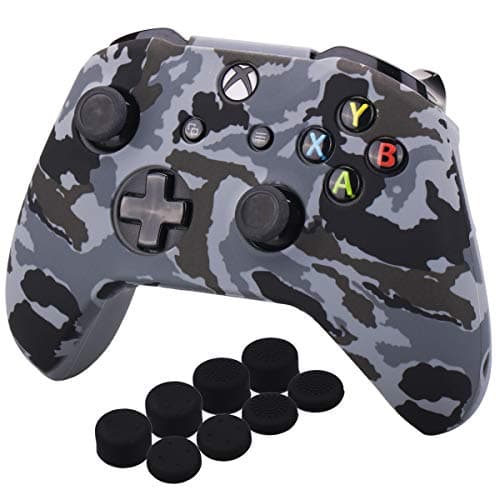 Image of YoRHa Water Transfer Printing Camouflage Silicone Cover Skin Case for Microsoft Xbox One X & Xbox One S controller x 1(snow) With PRO thumb grips x 8