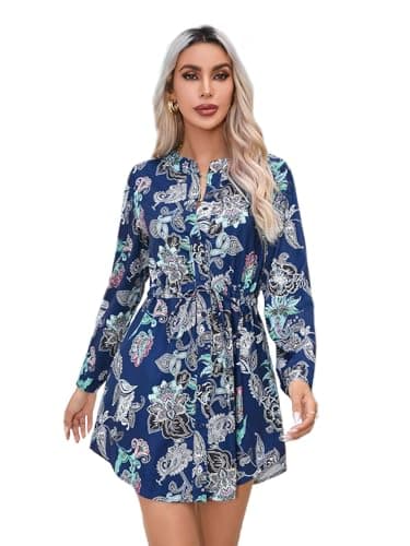 Image of Women’s Floral Shirt Dress Long Sleeve Mini Belted Button Front Summer Holiday Beach Casual Swing Dress Lightweight Tunic UK (B - Deepblue - L)