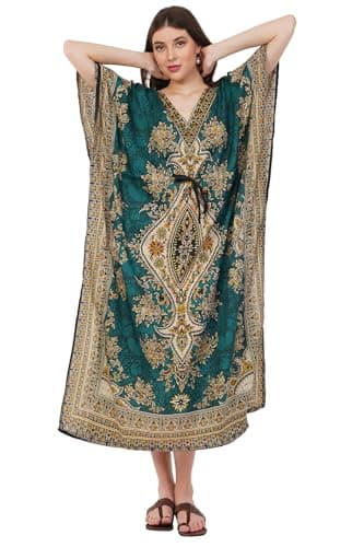 Image of Divine threads Women Kimono Cover Up V Neck Batwing Sleeve Plus Size Beach Kaftan Dresses, Green, Plus