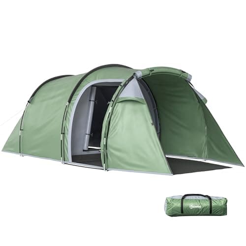 Image of Outsunny 2-3 Person Tunnel Tent with Sewn-in Groundsheet, Air Vents, Rainfly, 2000mm Water Column, Camping Tent with 1 Bedroom, Inbuilt Porch, Living Area for Camping, Hiking, Green