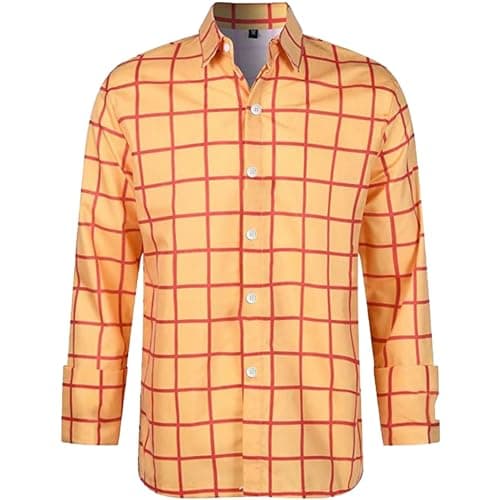 Image of Yellow Checked Shirt Mens with Long Sleeve and Button-Down Autumn and Spring Cowboy Outfit Slim Fit Casual Plaid Shirt Adult World Book Day Costumes for Festival, Cosplay, Office, Daily,Orange,XXL