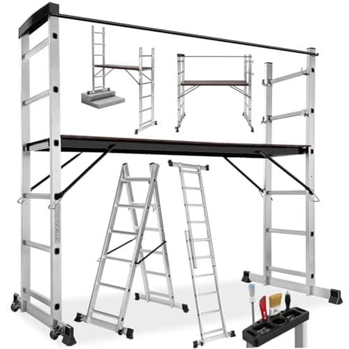 Image of tectake® Aluminium Multi-Purpose Ladder, Adjustable 4-in-1 Work Platform, Scaffolding, Lean-To & Step Ladder, 150 kg Capacity, Durable Folding Frame, Scaffold Safety Bar, Rubber Feet with Wheels