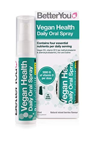 Image of BetterYou Vegan Health Daily Oral Spray, Pill-Free Vitamin Supplement for Vegans, Contains Vitamin D, Vitamin B12, Iron and Iodine, 48-Day Supply, Made in the UK, Natural Mixed Berries Flavour